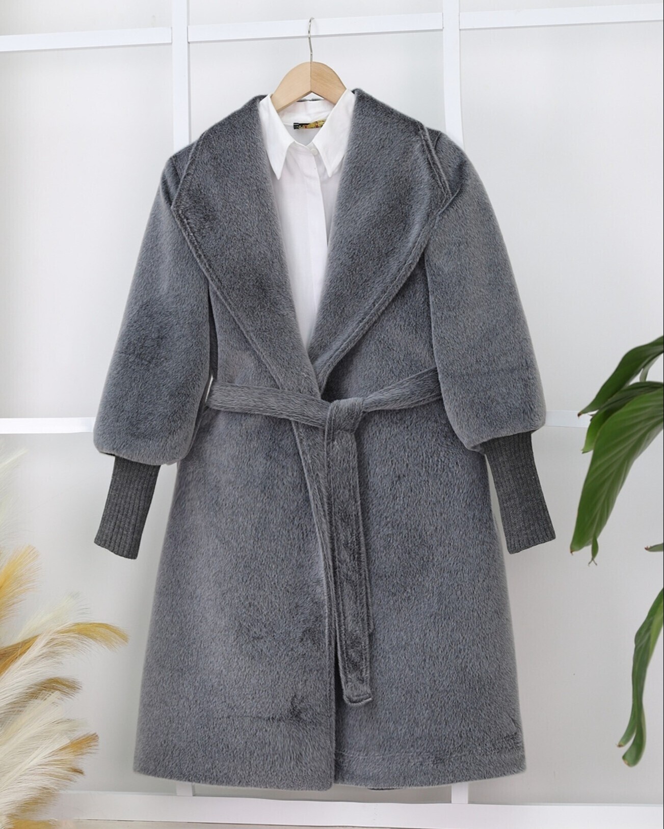 Shawl Collar Lined Cashmere Coat with Ribbed Sleeves
